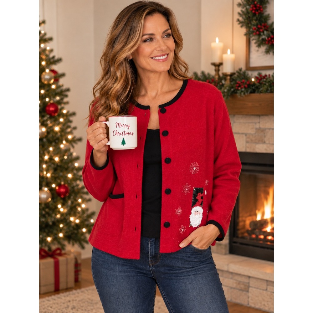 Artisans Vtg 90's Christmas Santa Fleece Cardigan L grannycore festive sweater